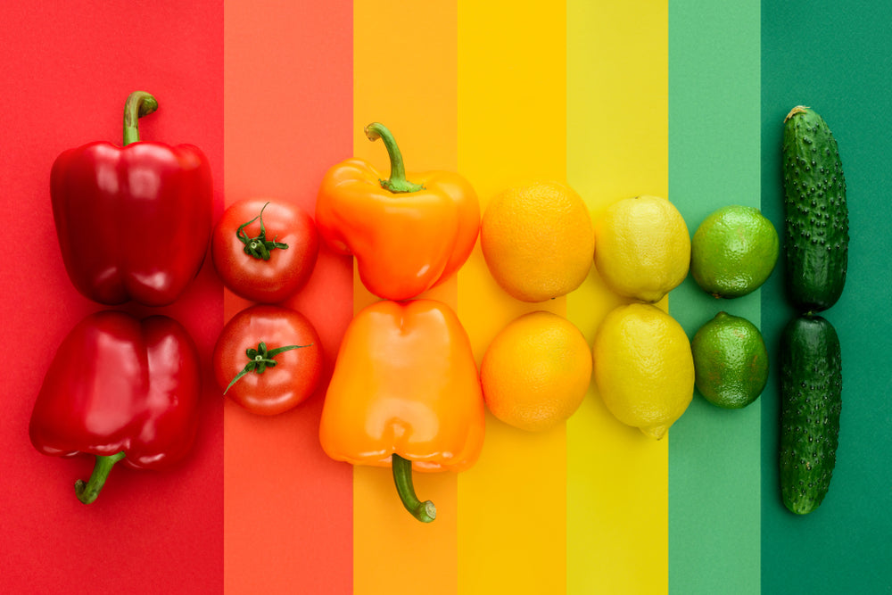 A rainbow spectrum of fruits and vegetables arranged by color