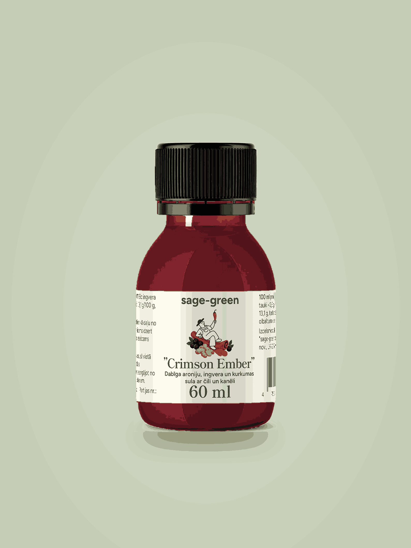 Crimson Ember – bioloģisks funkcionālais šots ar aroniju, ingveru, kurkumu, čili un kanēli (60 ml)