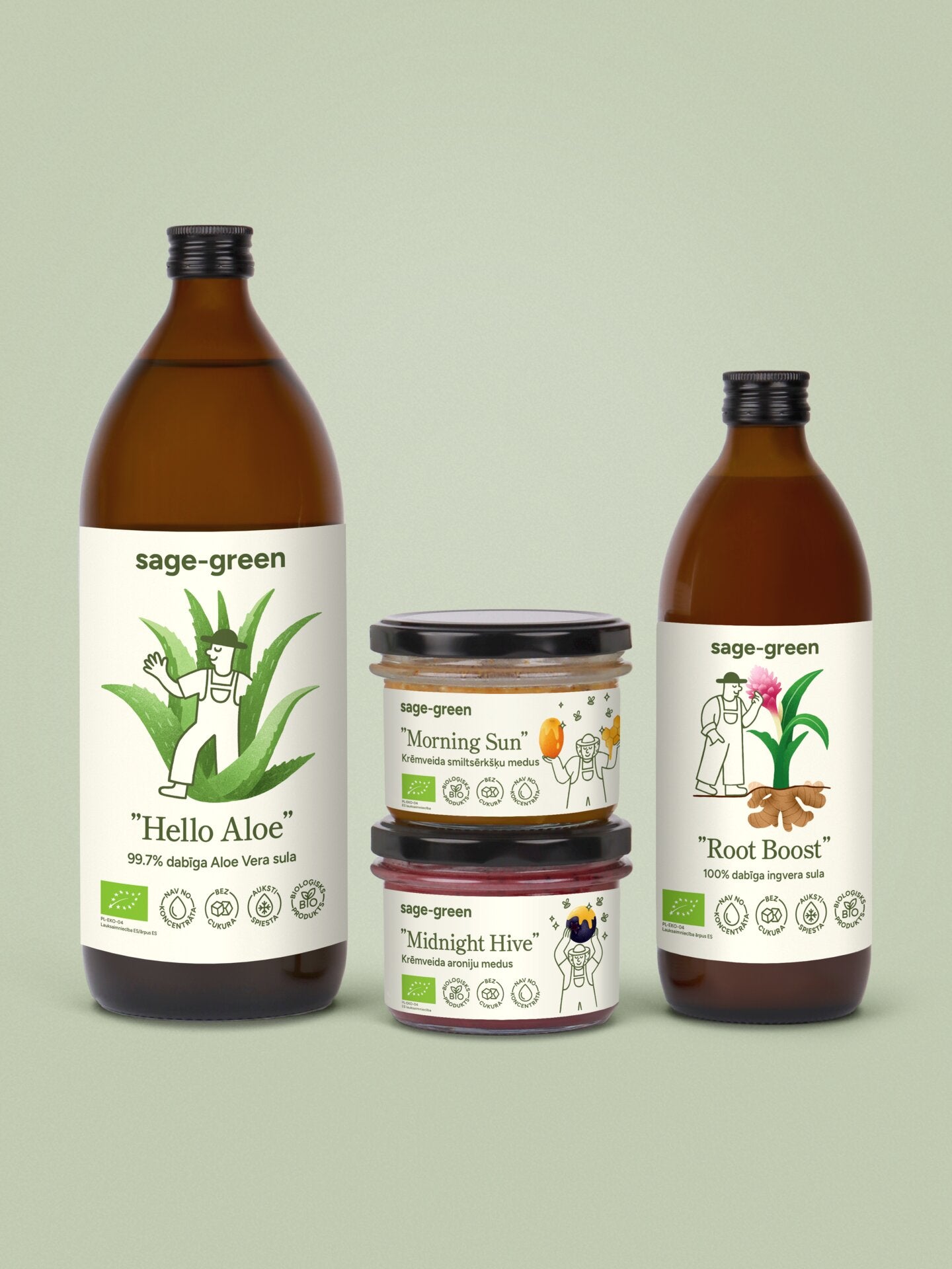 Komplekts gremošanas līdzsvaram – 1 L alvejas sula, 500 ml ingvera sula un aroniju-smiltsērkšķu medus pudelēs uz gaišas virsmas